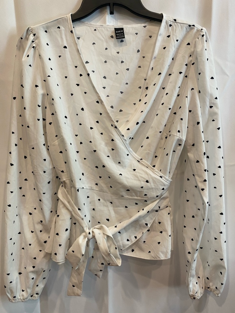 SHEIN Cream Wrap Blouse with Black Heart Print